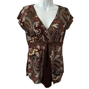 Vintage 90s Y2K Agenda Womens Paisley Floral Babydoll Top Brown Lace Trim Boho